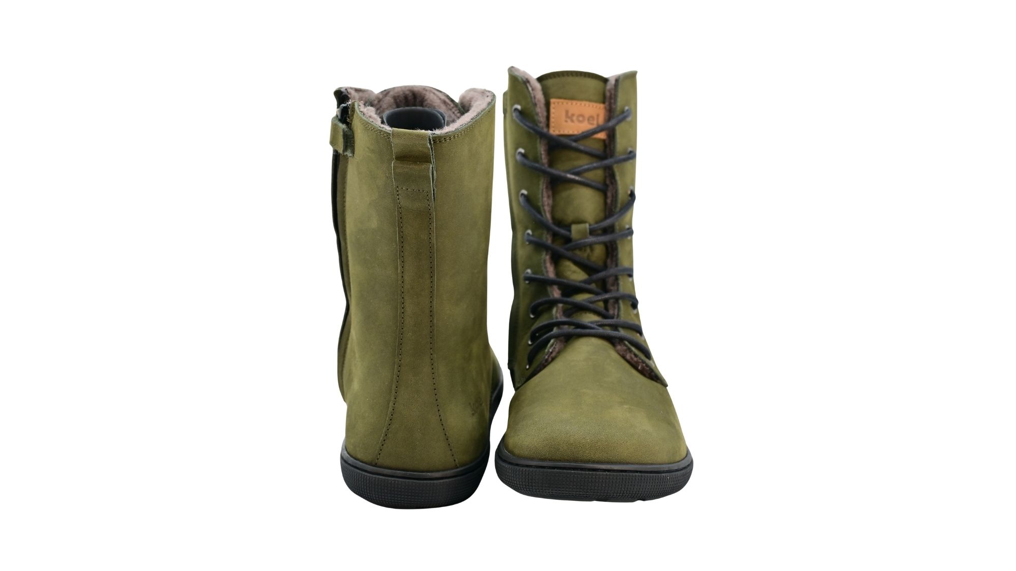 Barfußstiefel für Erwachsene mit flacher Sohle als Paar, Rückansicht und Vorderansicht