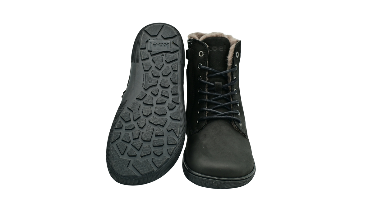 Gefütterte halbhohe Barfußschuhe für Damen mit Schnürung und profilierter Sohle, Ansicht von unten und Vorderansicht