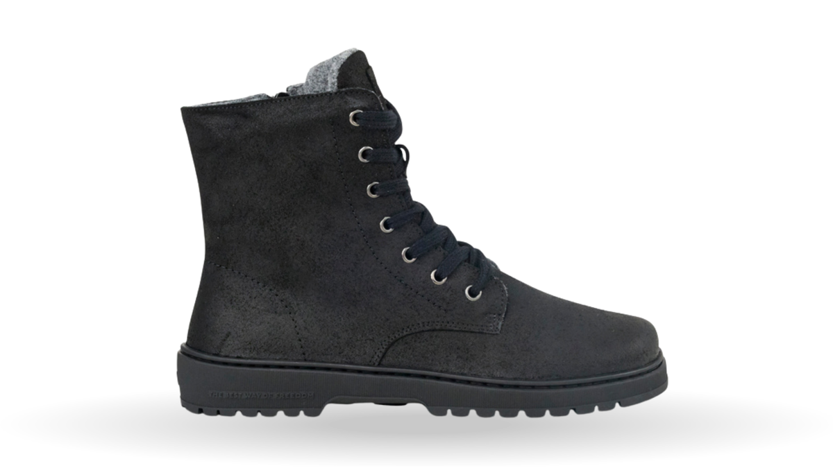 Halbhoher Barfußstiefel für Damen mit Schnürung, Metallösen, profilierter Sohle und geschlossener Zehen- und Fersenpartie, Seitenansicht außen