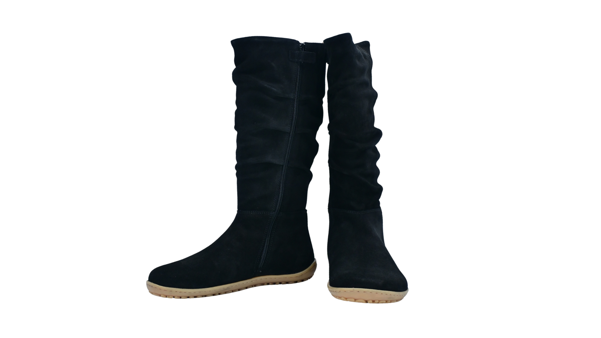 Paar Stiefel für Damen mit hohem Schaft und flacher Sohle, Seitenansicht innen und Vorderansicht