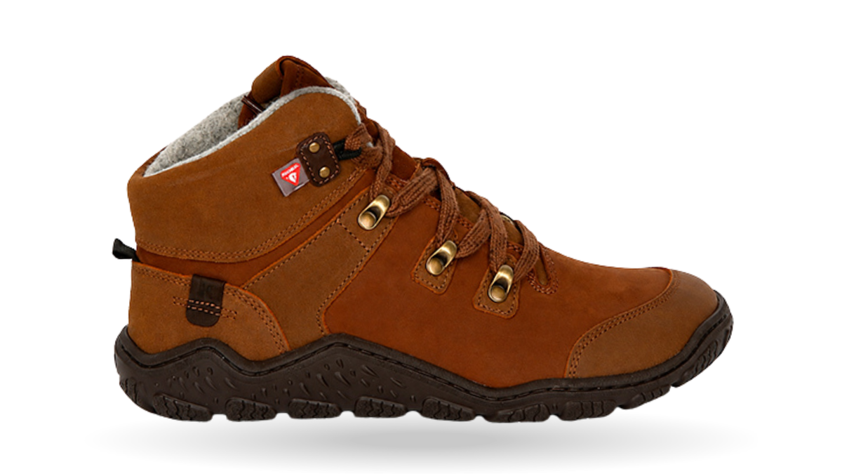 Halbhoher Barfuß-Sneaker für Damen mit Schnürung, breiter Zehenbox und profilierter Sohle, Seitenansicht außen