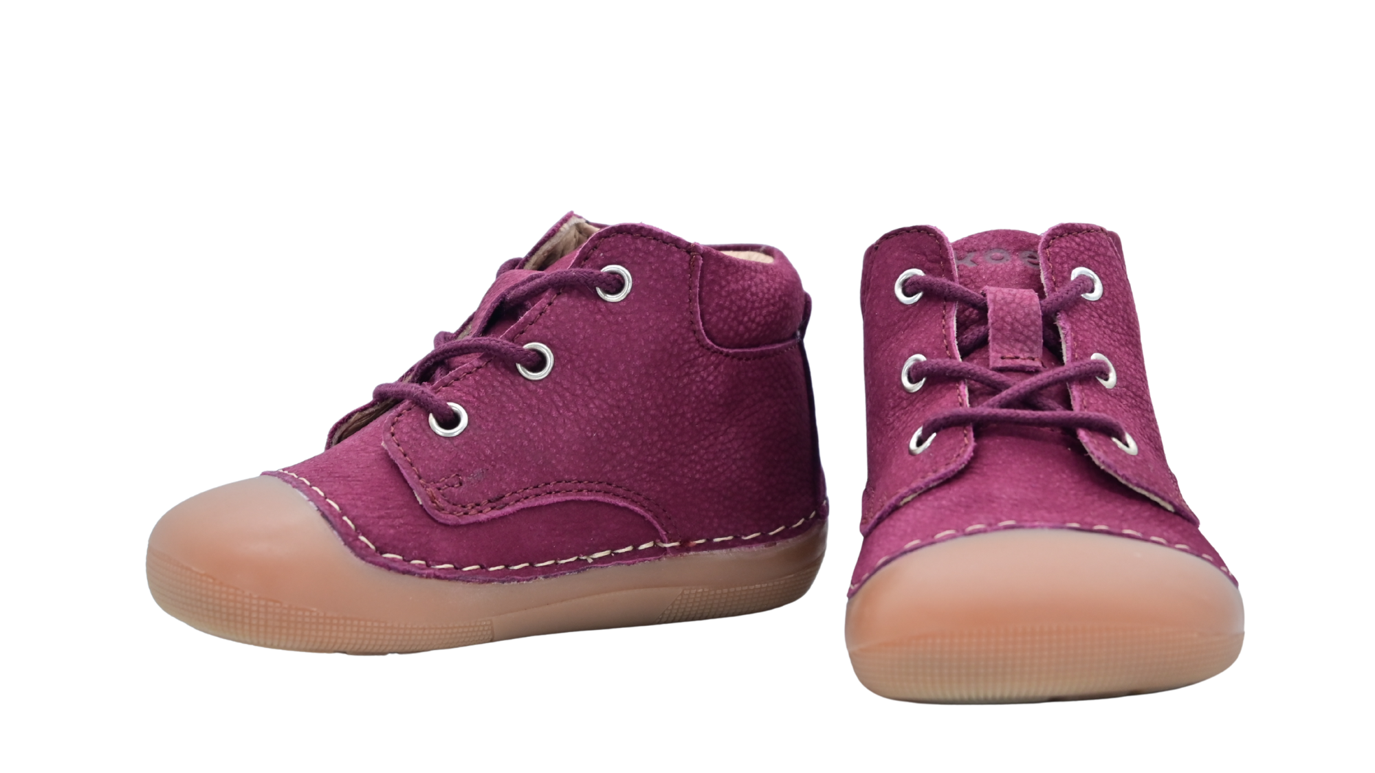 Paar Barfußschuhe für Kinder mit Schnürung und breiter Zehenbox, Seitenansicht innen und Vorderansicht