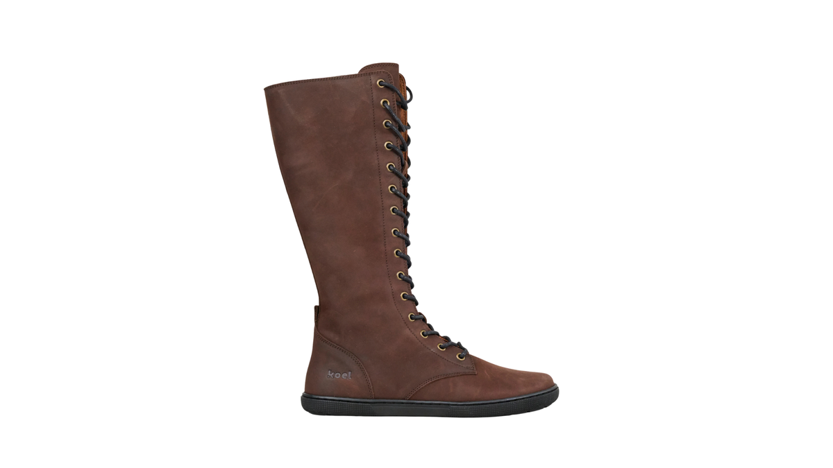 Kniehoher Damen-Barfußstiefel mit breiter Zehenbox, Schnürung und geschlossener Ferse, Seitenansicht außen