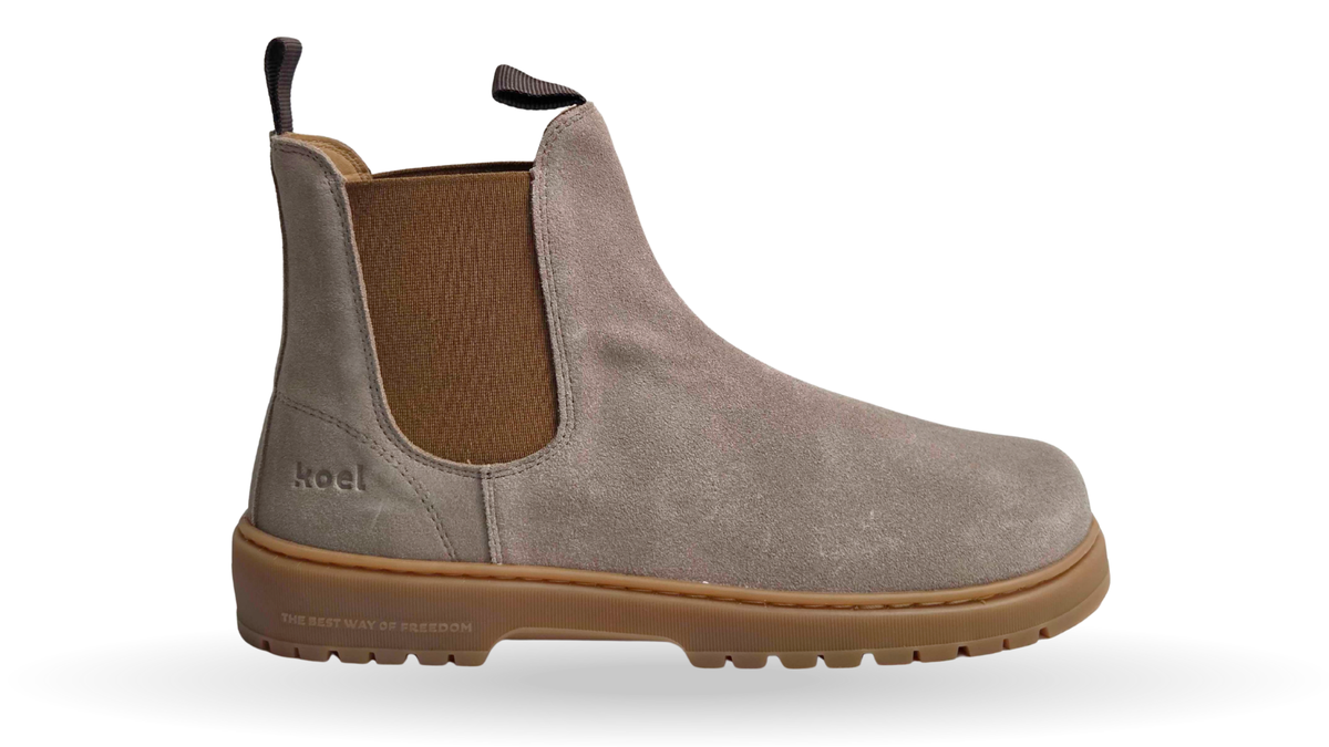 Chelsea-Barfußstiefel für Erwachsene mit breiter Zehenbox, elastischem Seiteneinsatz und Zugschlaufen, Seitenansicht außen