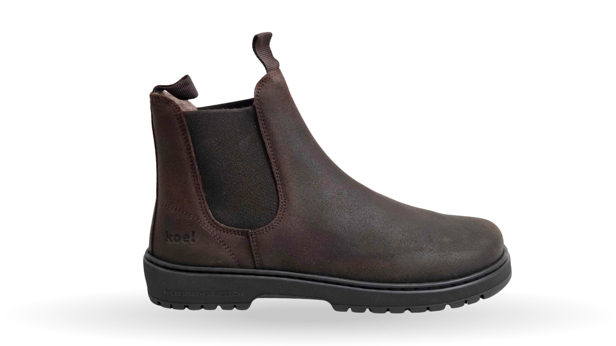 Chelsea-Barfußstiefel für Erwachsene mit breiter Zehenbox, elastischem Seiteneinsatz und Zugschlaufen, Seitenansicht außen