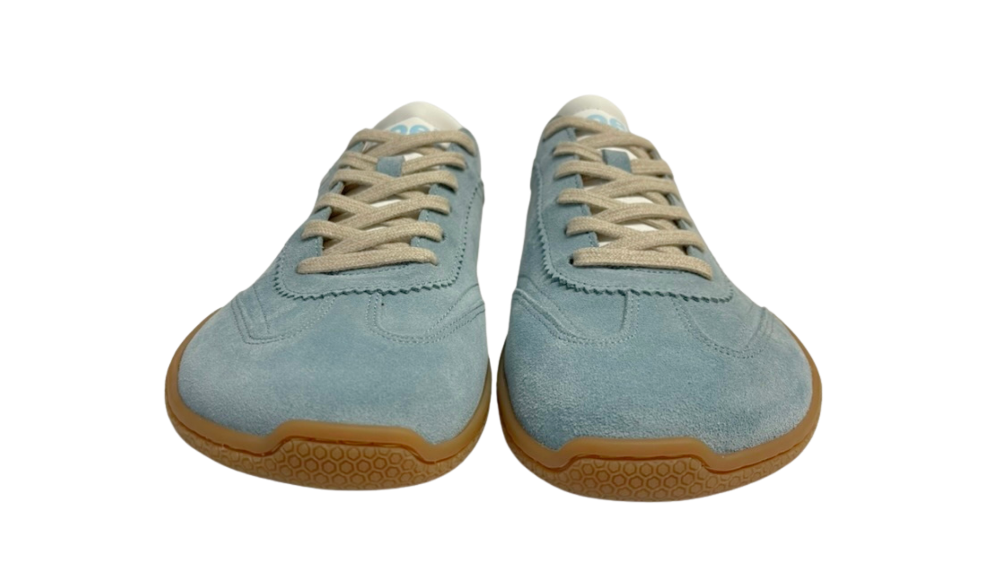 Barfußschuh für Erwachsene, geschlossene Zehenpartie, geschlossener Fersenbereich, Schnürung, Ziernähte im Seitenbereich, flache Sohle, Vorderansicht als Paar