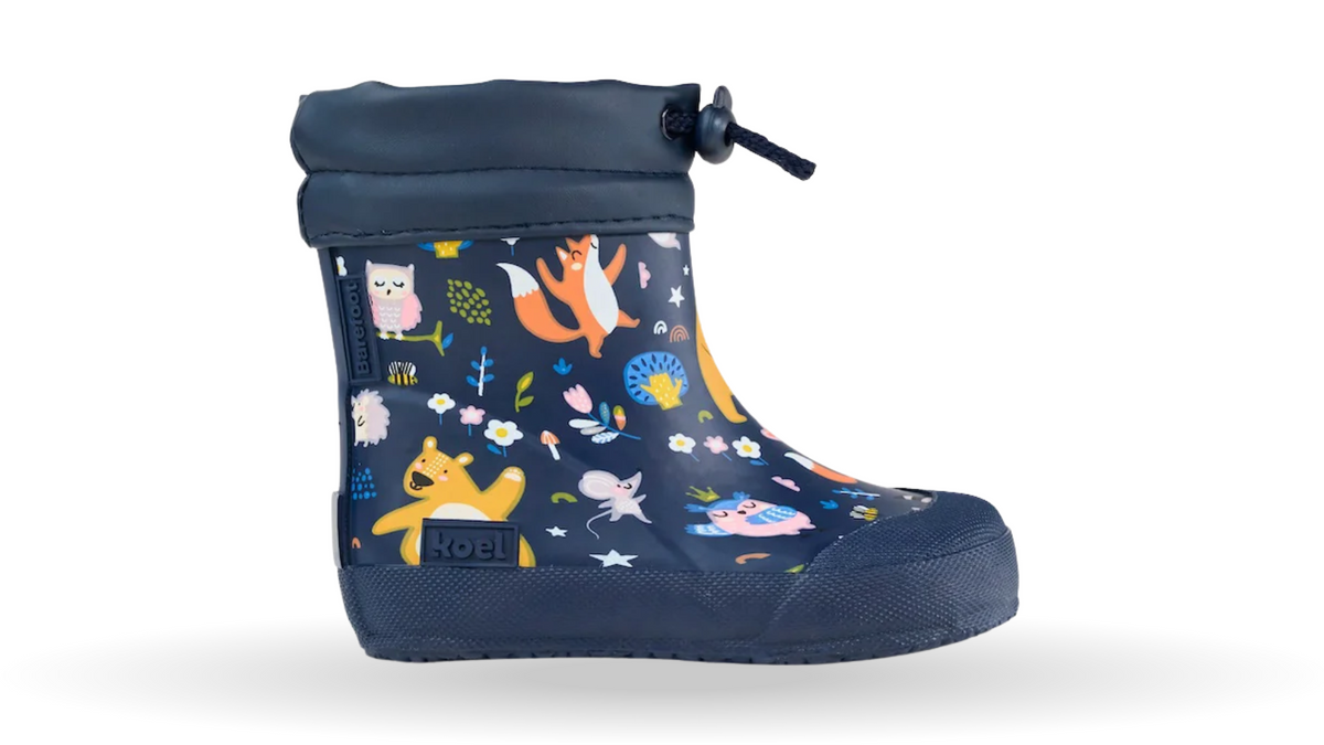 Gefütterter Gummistiefel für Kleinkinder mit geschlossener Zehenbox, flacher Sohle und Schaftrand mit Kordel, Seitenansicht außen