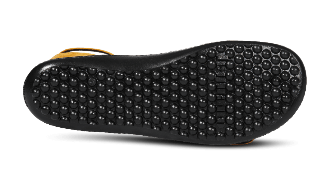 Barfußschuh mit flexibler Laufsohle und runden Profilnoppen, Ansicht von unten