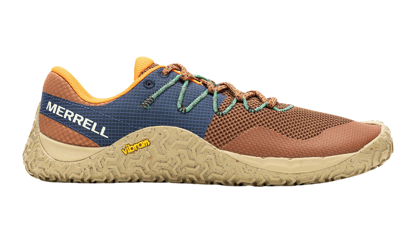 Barfußschuh mit Schnürsenkeln, geschlossener Zehenbox und geschlossenem Fersenbereich, profilierte Sohle, Seitenansicht außen