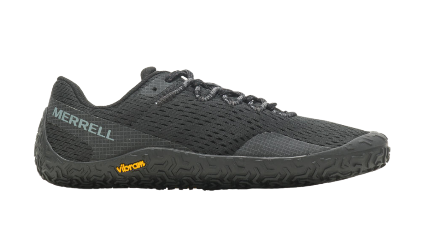 Barfußschuh mit Schnürsenkeln, geschlossener Zehenbox und geschlossenem Fersenbereich, profilierte Sohle, Seitenansicht außen