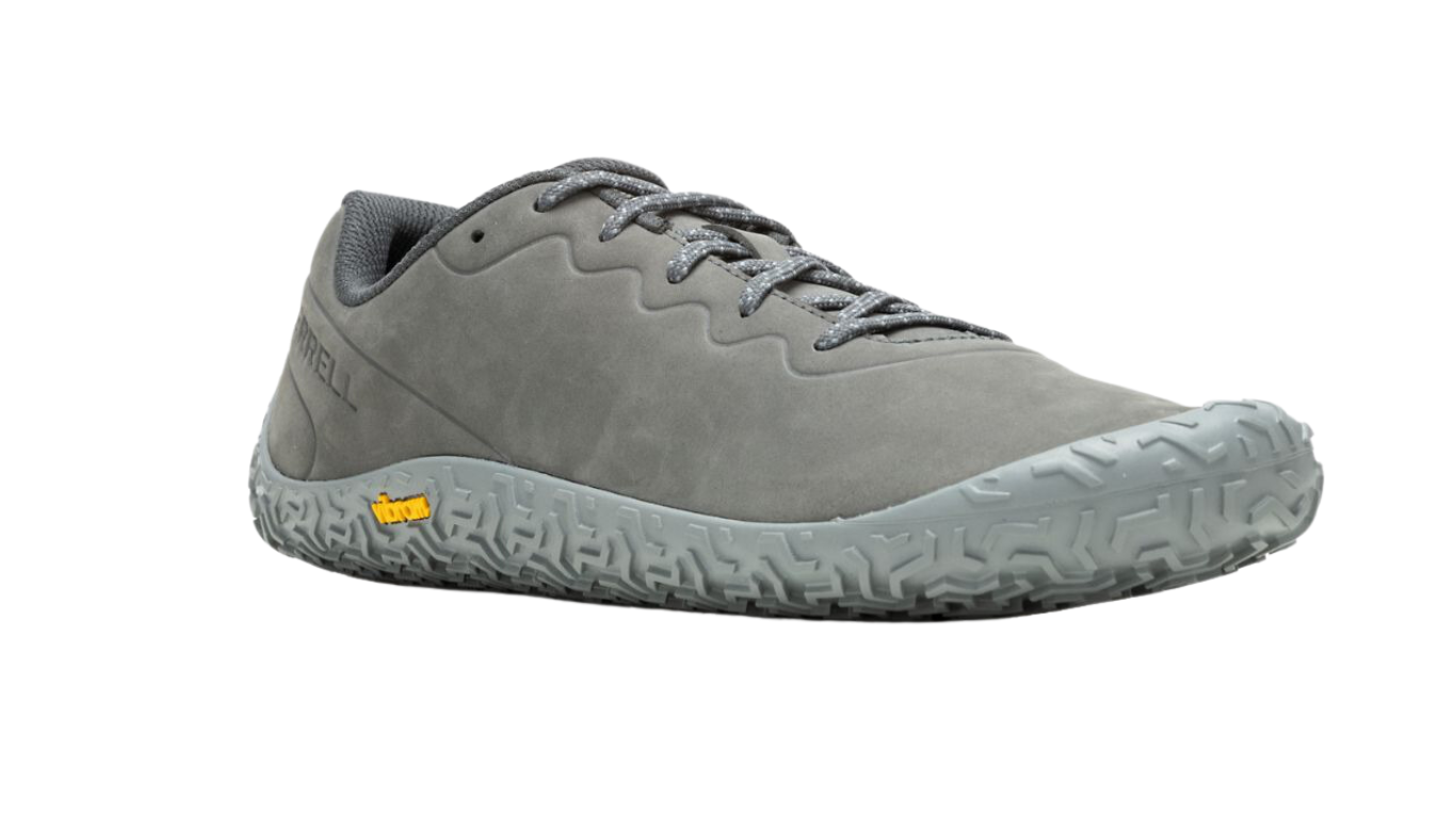 Barfußschuh mit Schnürsenkeln, geschlossener Zehenbox und geschlossenem Fersenbereich, profilierte Sohle, Seitenansicht außen