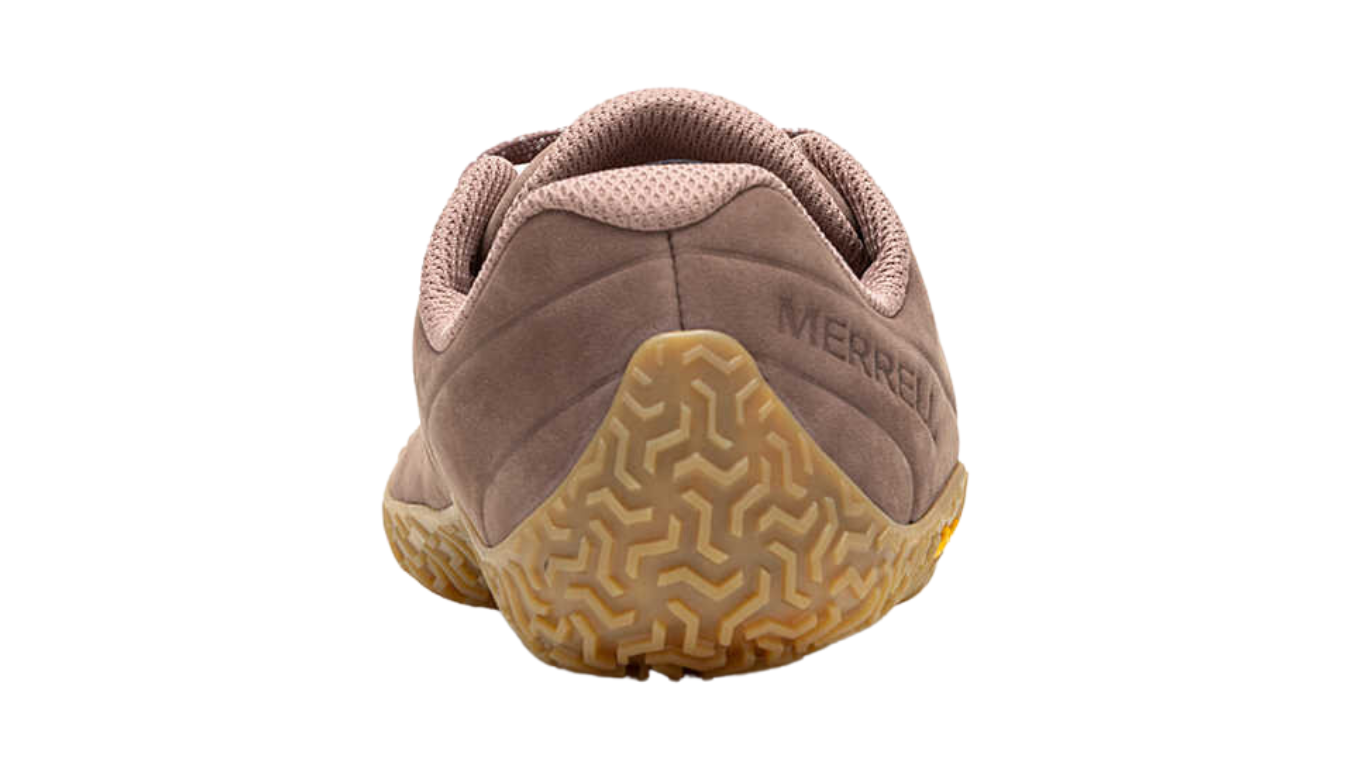 Barfußschuh mit Schnürsenkeln, geschlossener Zehenbox und geschlossenem Fersenbereich, profilierte Sohle, Rückansicht