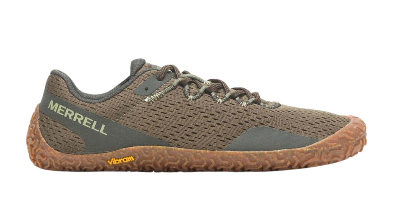 Barfußschuh mit Schnürsenkeln, geschlossener Zehenbox und geschlossenem Fersenbereich, profilierte Sohle, Seitenansicht außen