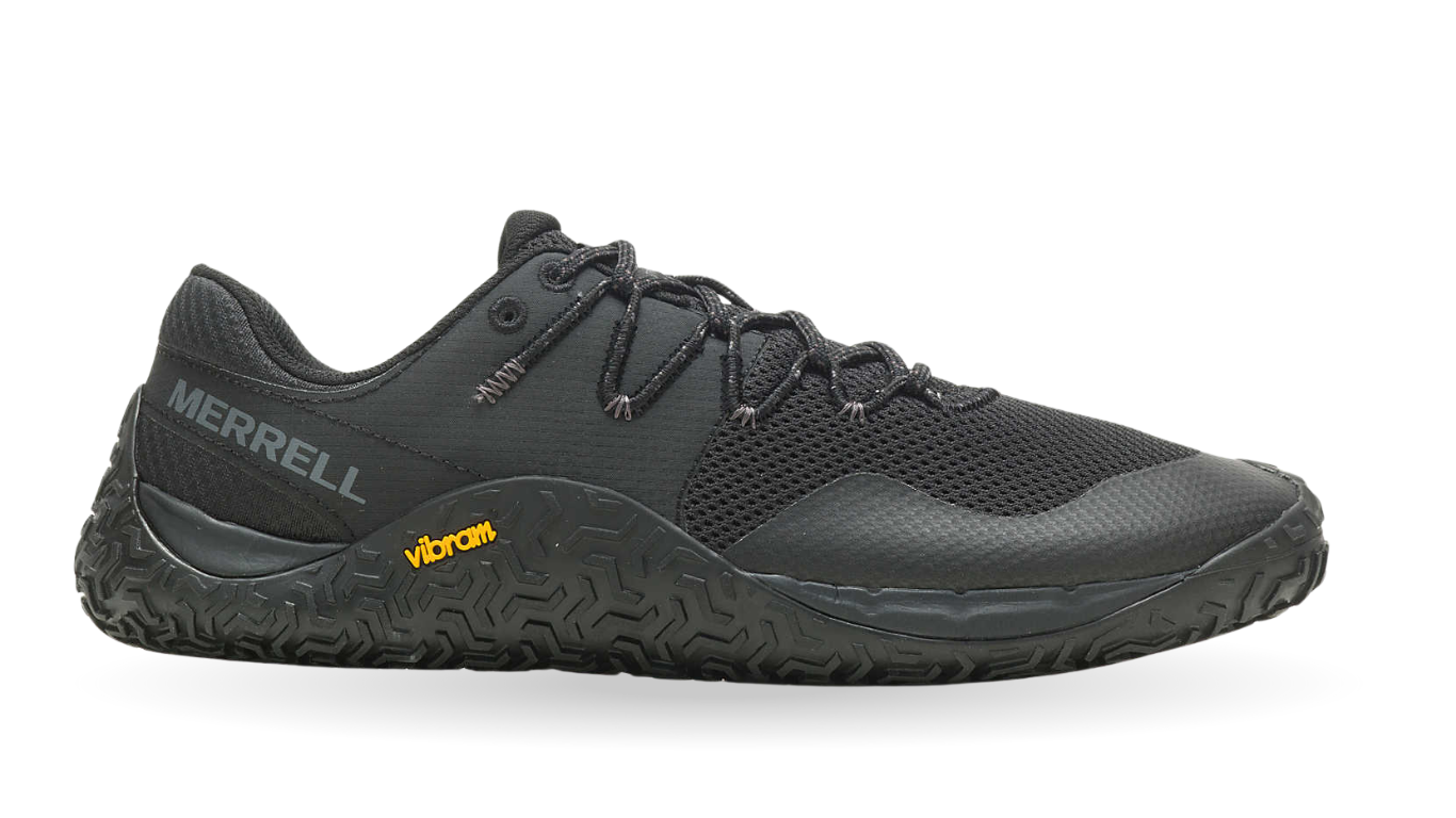 Barfußschuh mit Schnürsenkeln, geschlossener Zehenbox und geschlossenem Fersenbereich, profilierte Sohle, Seitenansicht außen