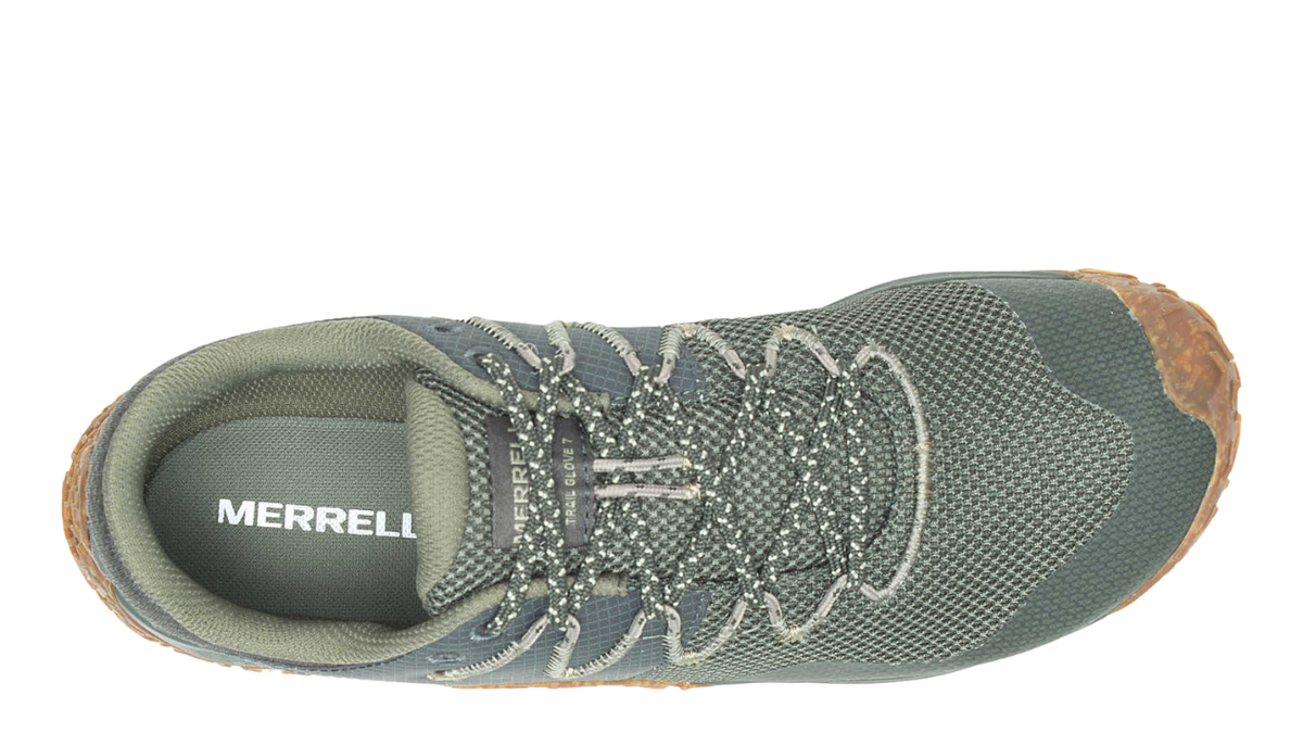 Barfußschuh mit Schnürsenkeln, geschlossener Zehenbox und geschlossenem Fersenbereich, profilierte Sohle, Draufsicht