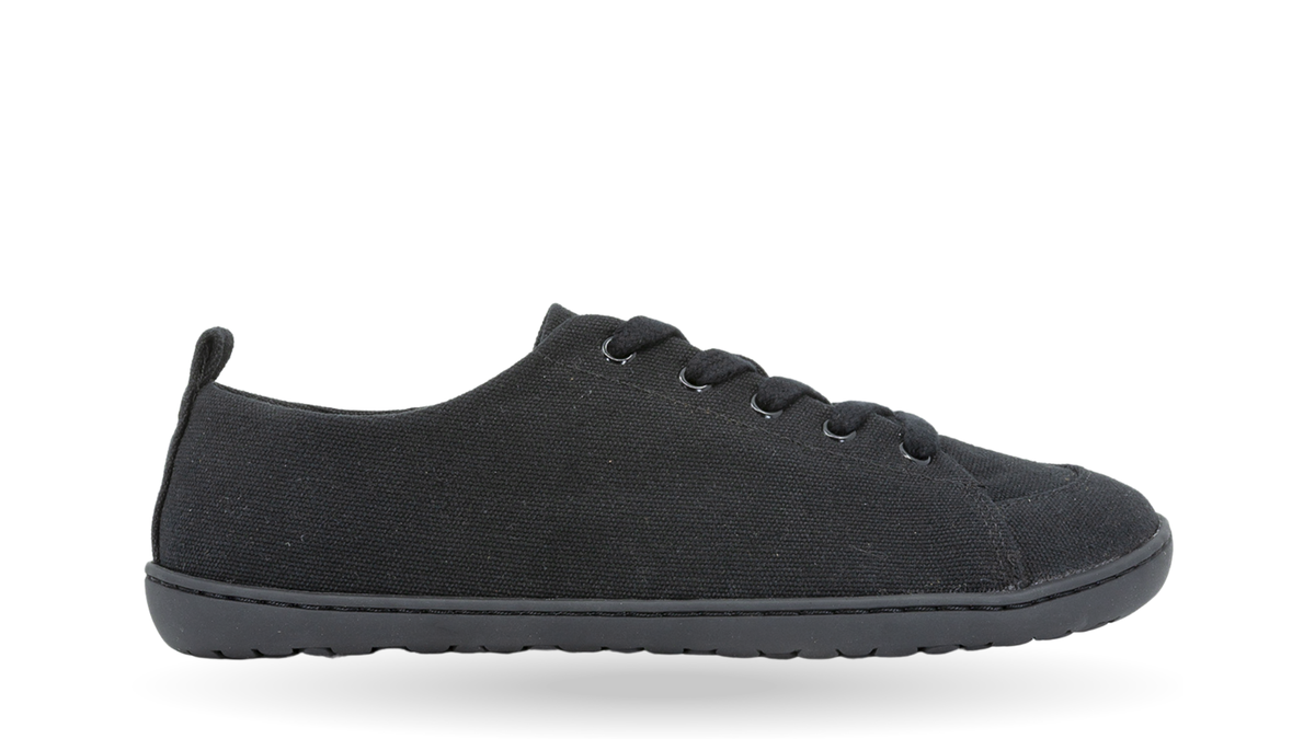 Barfußsneaker mit Schnürung, Textil-Obermaterial und geschlossener Zehenpartie, Einzelschuh, Seitenansicht außen