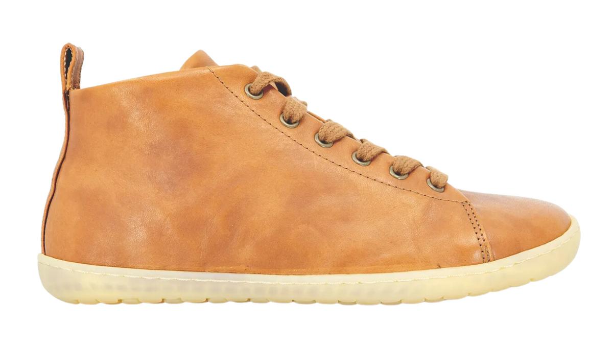 Hoher Barfußsneaker mit Schnürung, geschlossener Zehenpartie und hohem Schaft, Einzelschuh, Seitenansicht außen