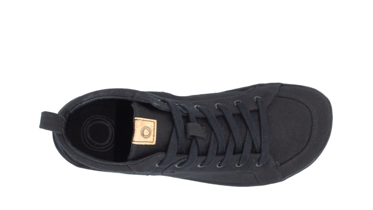 Hoher Barfußsneaker mit Schnürung, Textil-Obermaterial und geschlossener Zehenpartie, Einzelschuh, Draufsicht
