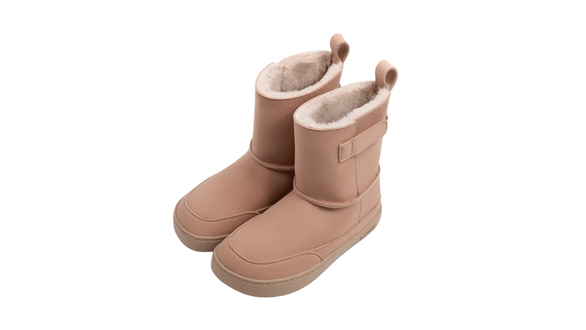 Barfußwinterstiefel für Kinder, geschlossene Zehenpartie, geschlossener Fersenbereich, Schaft mit Klettverschluss, flache Sohle, schräge Vorderansicht als Paar