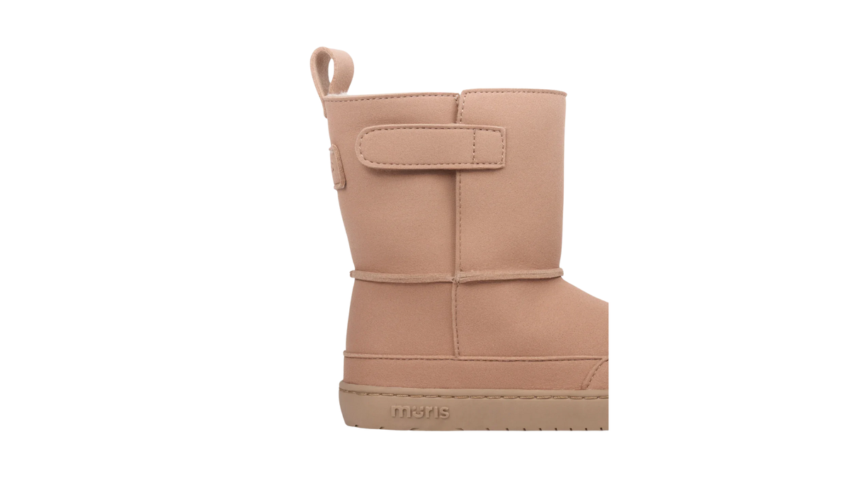 Barfußwinterstiefel für Kinder, geschlossene Zehenpartie, geschlossener Fersenbereich, Schaft mit Klettverschluss, flache Sohle, Seitenansicht Fersenbereich