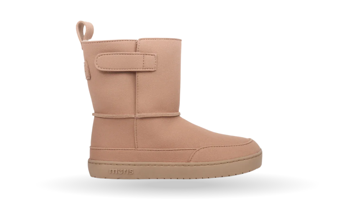 Barfußwinterstiefel für Kinder, geschlossene Zehenpartie, geschlossener Fersenbereich, Schaft mit Klettverschluss, flache Sohle, Seitenansicht außen, einzelner Schuh