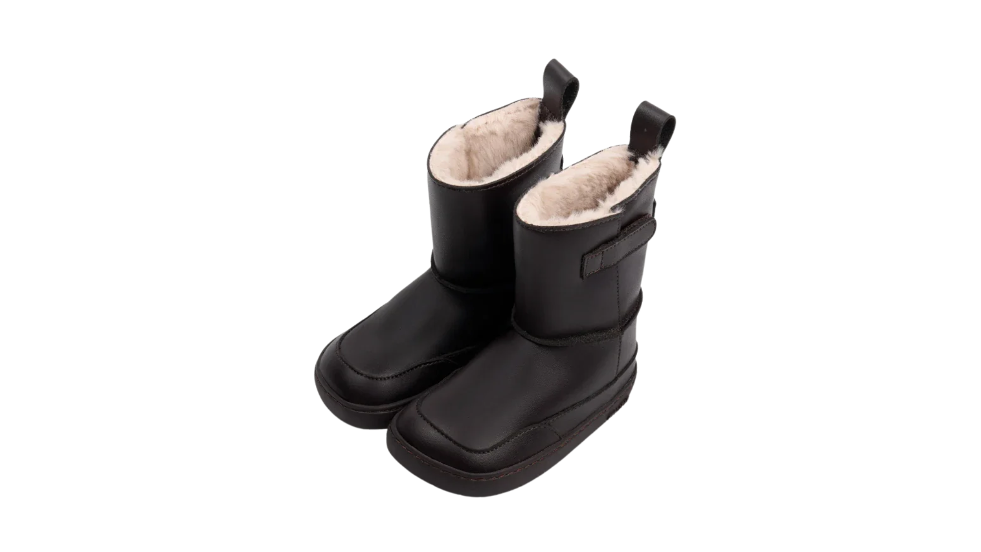 Barfußwinterstiefel für Kinder, geschlossene Zehenpartie, geschlossener Fersenbereich, Schaft mit Klettverschluss, flache Sohle, schräge Vorderansicht als Paar