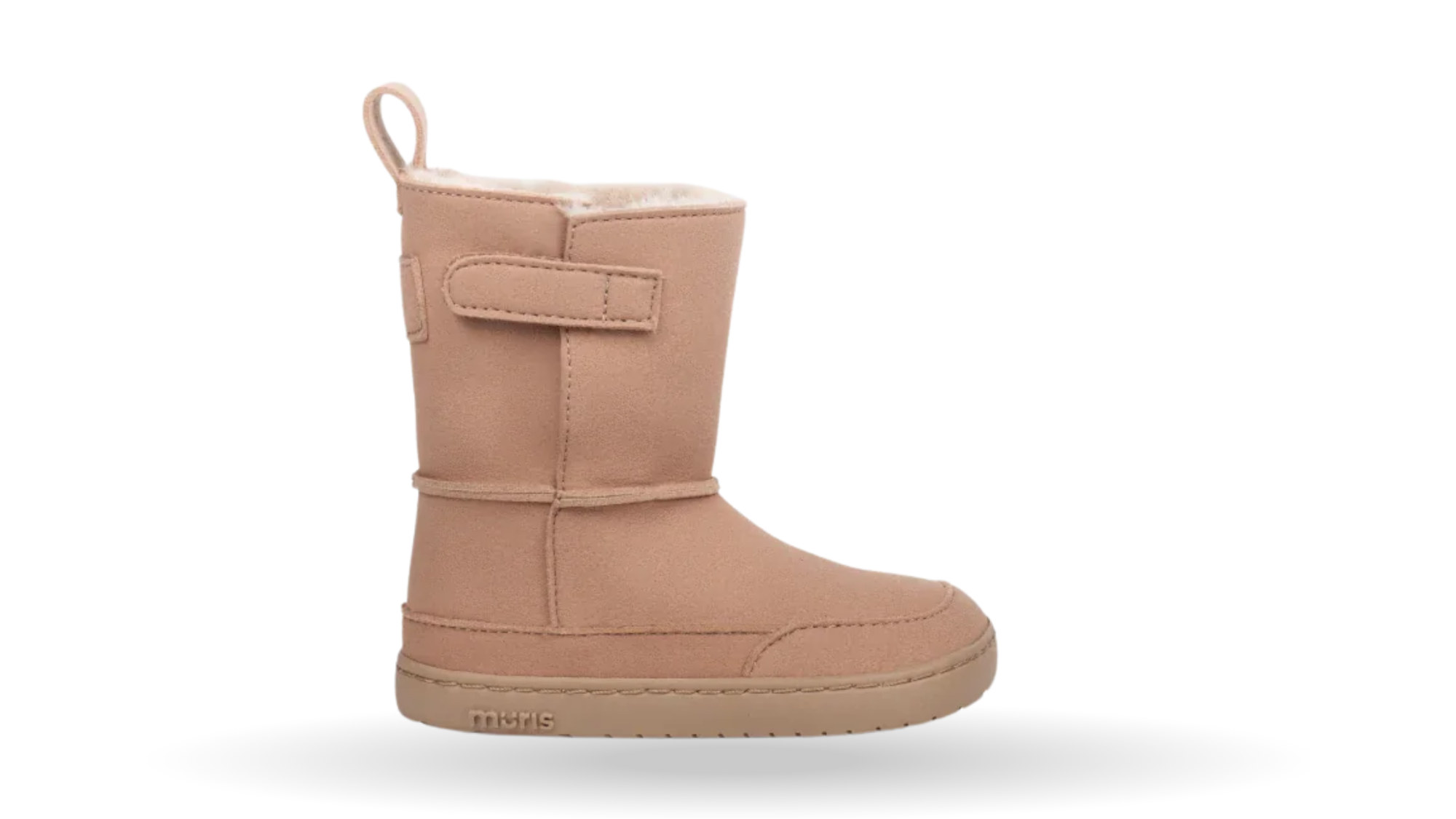 Barfußwinterstiefel für Kinder, Seitenansicht außen, geschlossene Zehenpartie, geschlossener Fersenbereich, Schaft mit Klettverschluss, flache Sohle