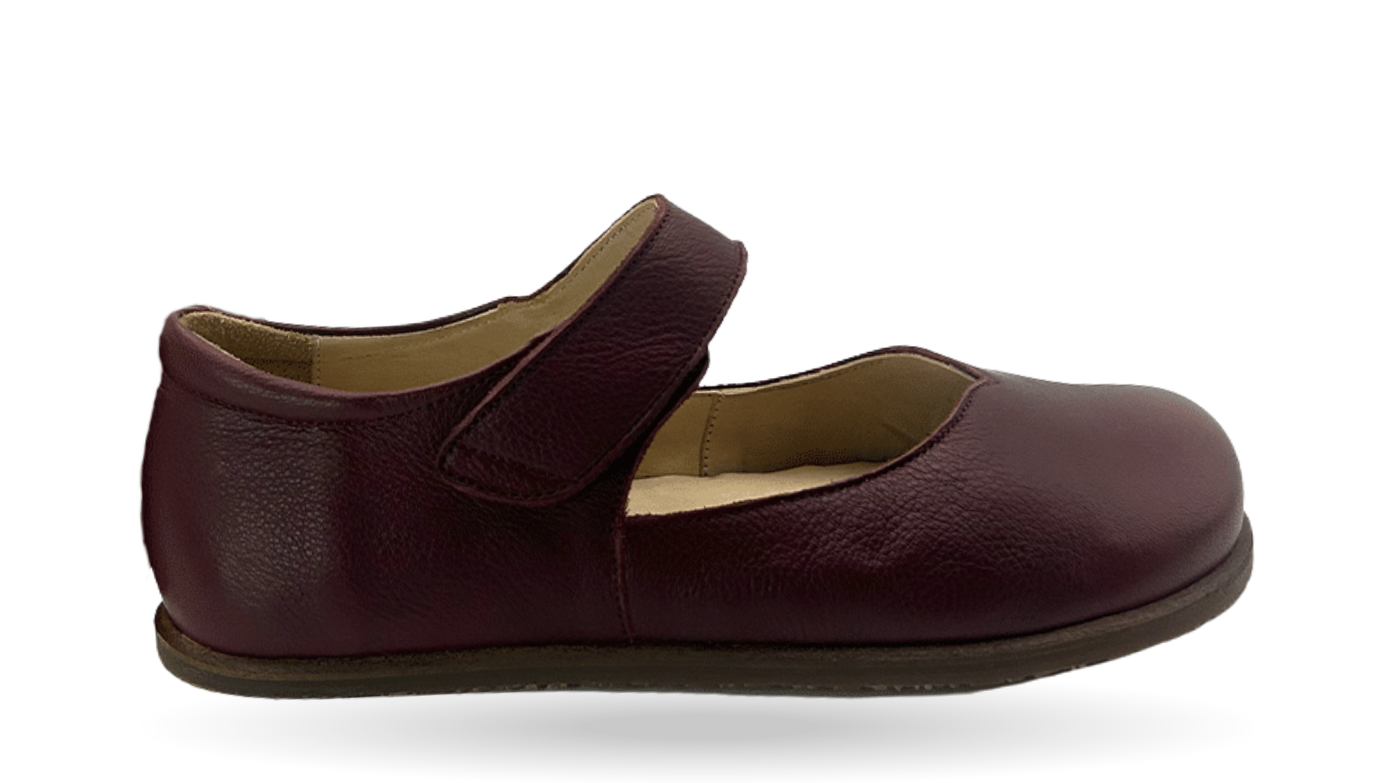 Barfußballerina für Erwachsene, geschlossene Zehenpartie, geschlossener Fersenbereich, Spannriemen mit Klettverschluss, flache Sohle, Seitenansicht außen, einzelner Schuh