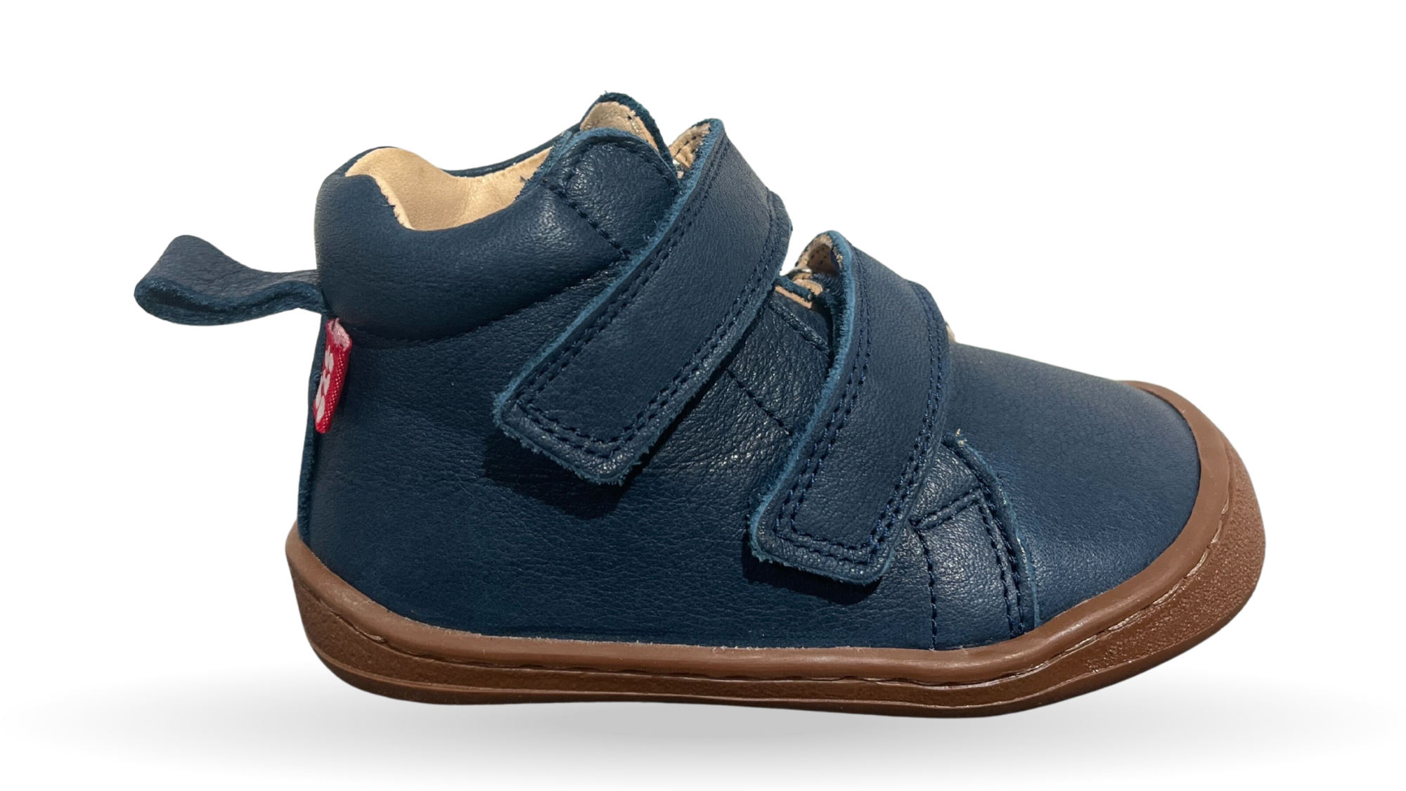 Barfußschuh für Kinder, Seitenansicht außen, geschlossene Zehenpartie, geschlossener Fersenbereich, zwei Klettverschlüsse, Zuglasche, flache Sohle