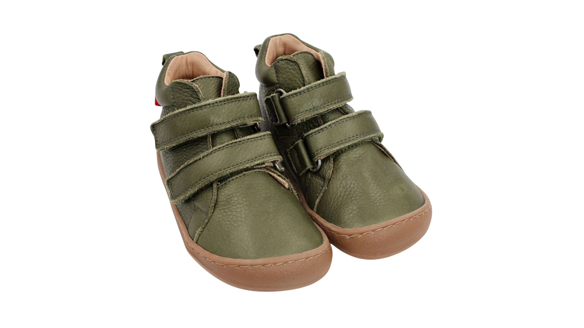 Barfußschuh für Kinder, geschlossene Zehenpartie, geschlossener Fersenbereich, zwei Klettverschlüsse, Zuglasche, flache Sohle, schräge Vorderansicht als Paar