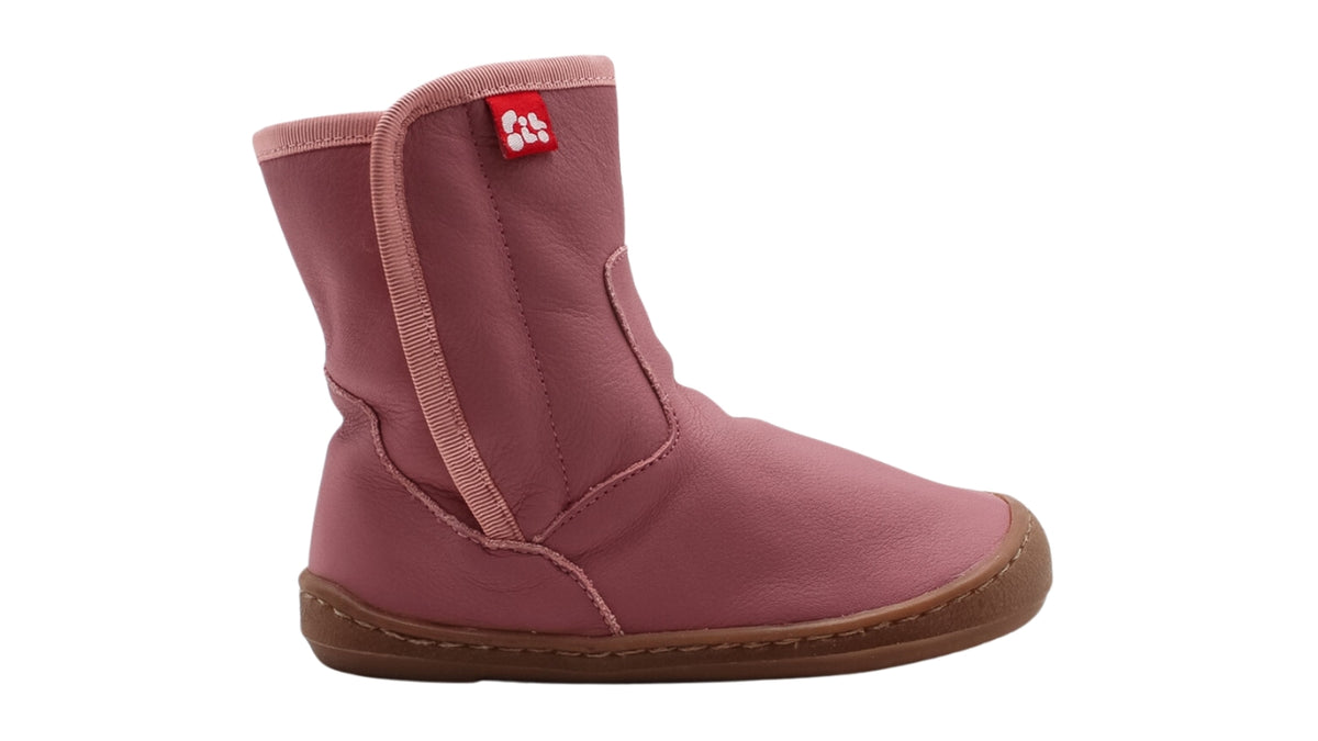 Kinder Barfußwinterstiefel mit breiter Zehenbox, flexibler Sohle und hohem Schaft, geschlossene Zehen und geschlossener Fersenbereich, einzelner Schuh, Seitenansicht außen