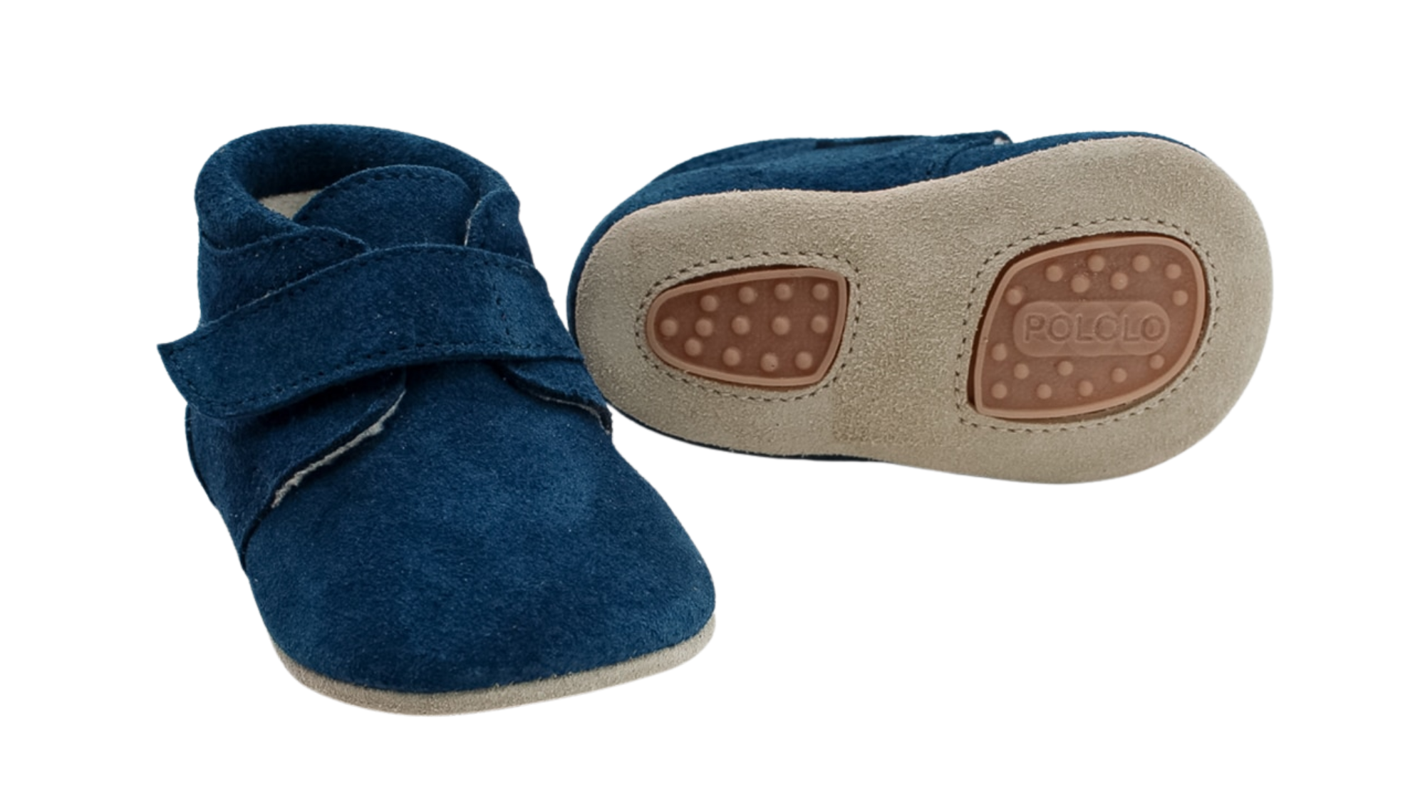 Kinder Barfußschuh mit breiter Zehenbox, flexibler Sohle und Klettverschluss, geschlossene Zehen und geschlossener Fersenbereich, Paar, schräge Vorderansicht und Ansicht von unten