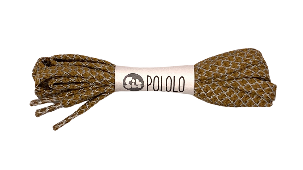 Schnürsenkel mit Muster und Banderole mit Schriftzug POLOLO, Paar, Draufsicht