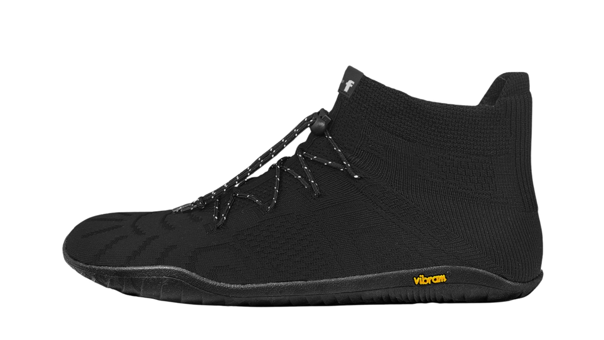 Barfußschuh für Erwachsene, geschlossene Zehenpartie, geschlossener Fersenbereich, hoher gestrickter Schaft, Schnürung mit Schnellverschluss, flache Sohle, Seitenansicht außen