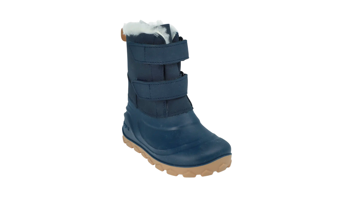 Kinder-Barfußwinterstiefel mit zwei Klettverschlüssen, hohem Schaft und sichtbarem Futter, schräge Vorderansicht