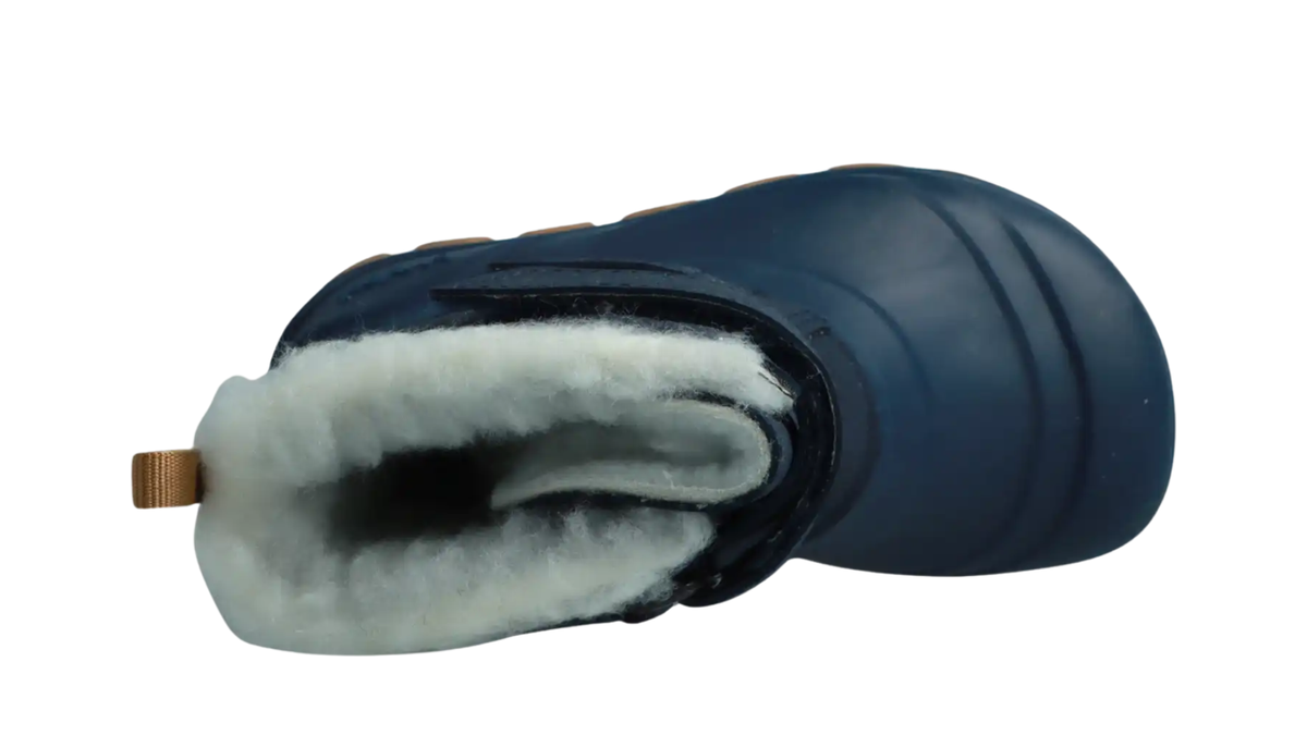 Kinder-Barfußwinterstiefel mit zwei Klettverschlüssen und deutlich sichtbarem Innenfutter, Draufsicht