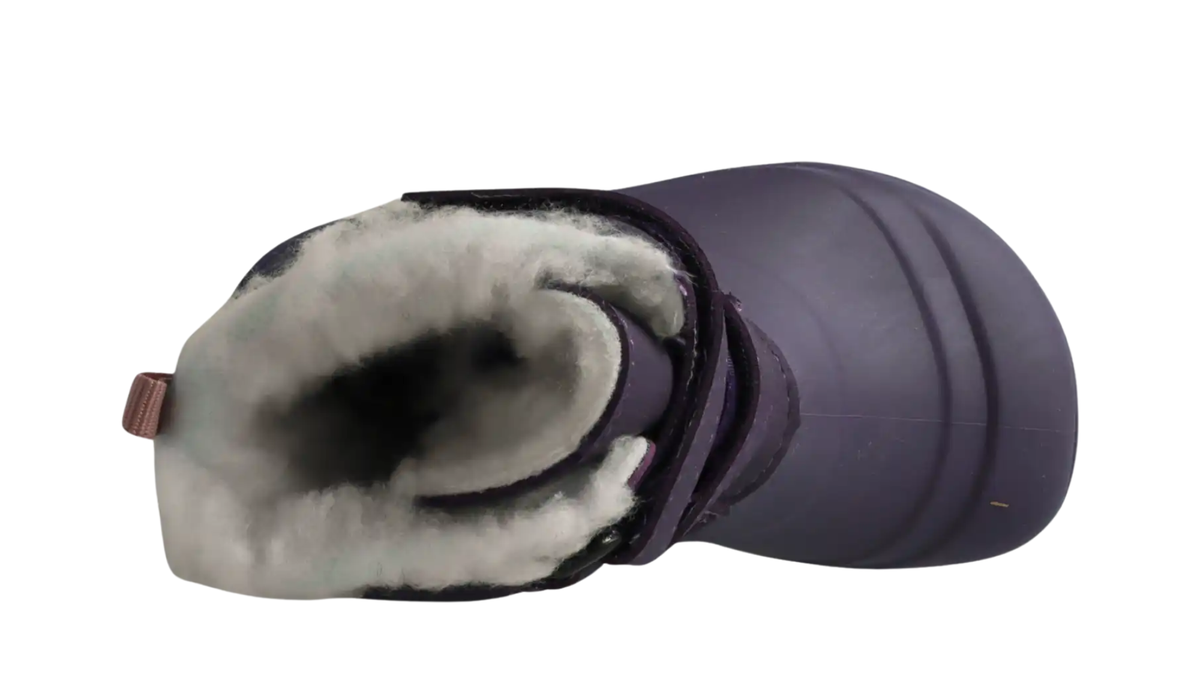 Kinder-Barfußwinterstiefel mit zwei Klettverschlüssen und deutlich sichtbarem Innenfutter, Draufsicht
