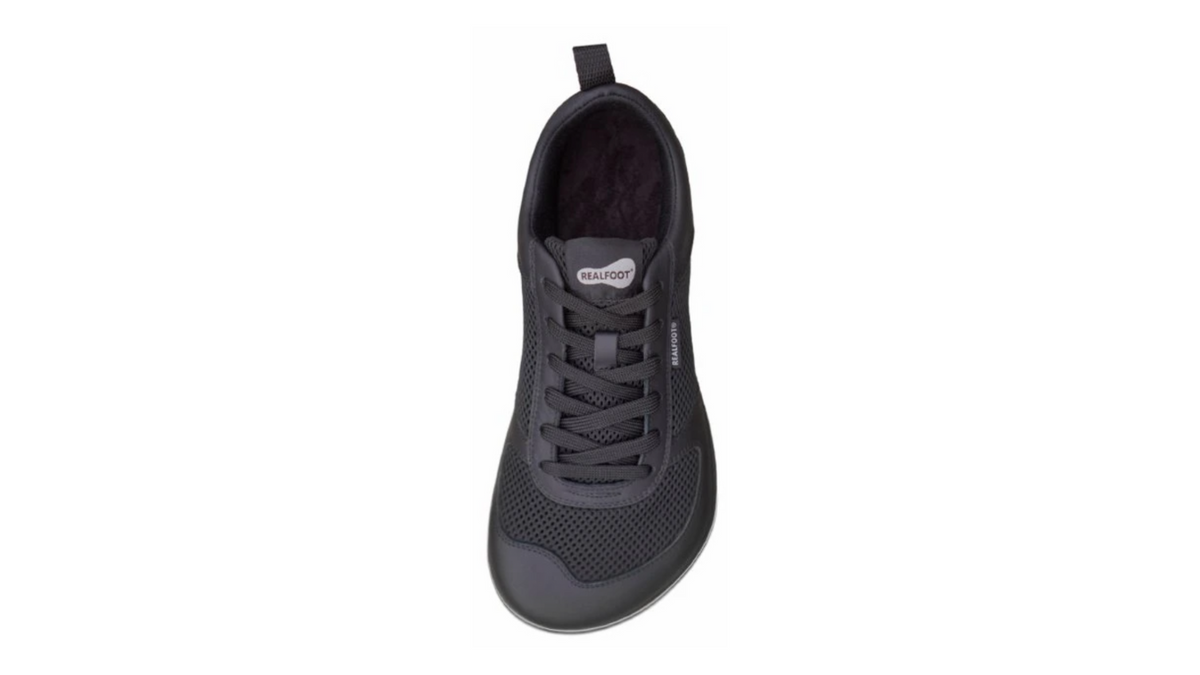 Barfußschuh mit Schnürung, breite Zehenbox, flache flexible Sohle, geschlossener Fersenbereich, Draufsicht