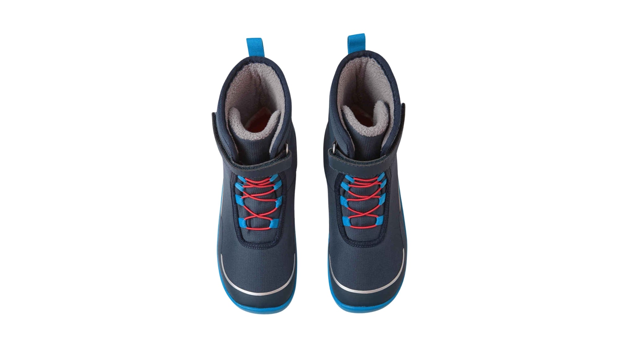 Barfußwinterstiefel für Kinder, geschlossene Zehenpartie, geschlossener Fersenbereich, Schnürung, Klettverschluss am Schaft, Zuglasche, profilierte Sohle, Draufsicht als Paar