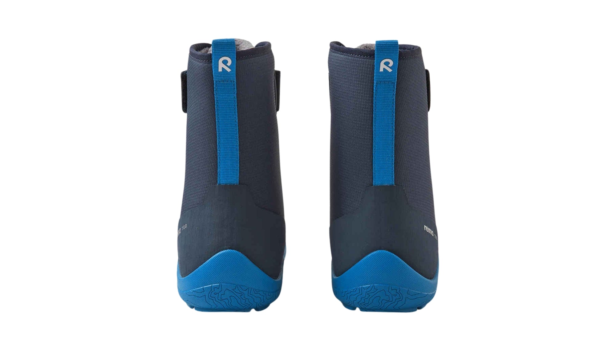 Barfußwinterstiefel für Kinder, geschlossene Zehenpartie, geschlossener Fersenbereich, Schnürung, Klettverschluss am Schaft, Zuglasche, profilierte Sohle, Rückansicht als Paar