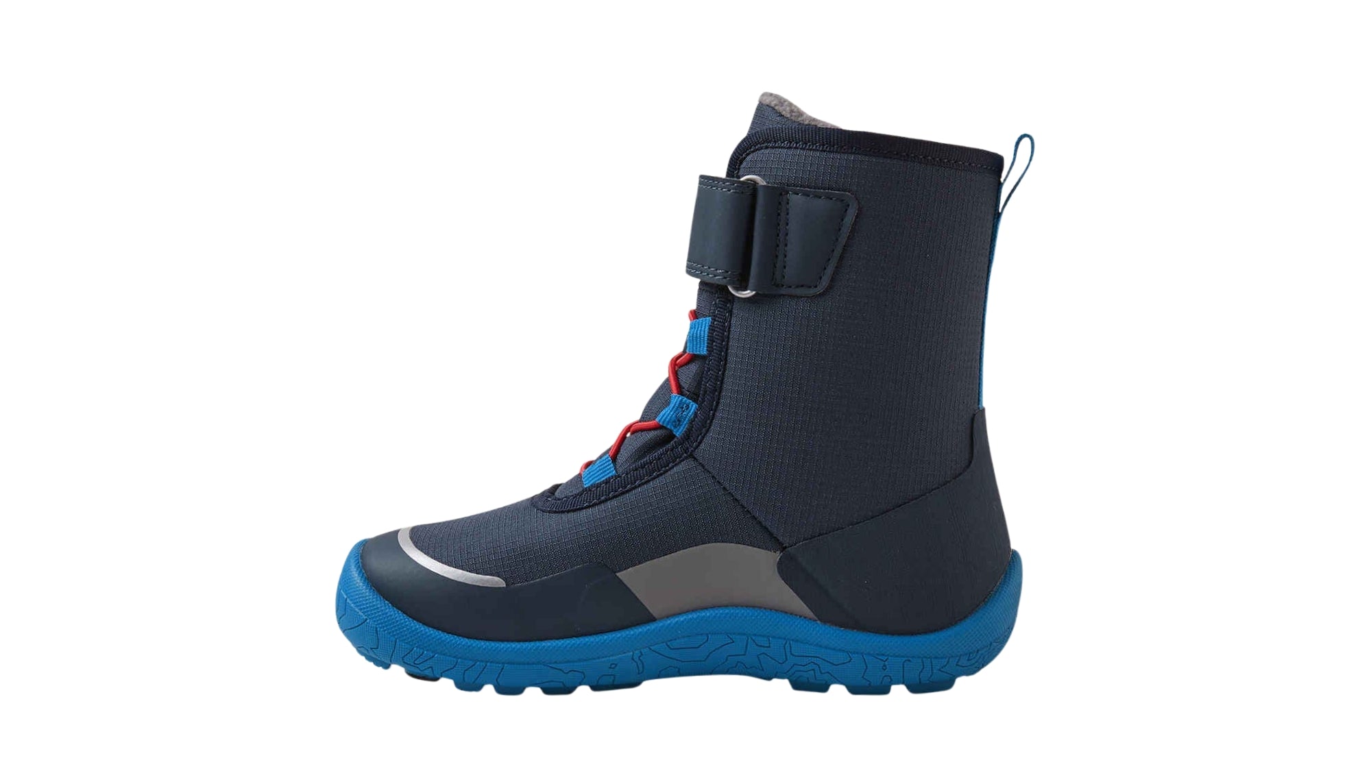 Barfußwinterstiefel für Kinder, geschlossene Zehenpartie, geschlossener Fersenbereich, Schnürung, Klettverschluss am Schaft, Zuglasche, profilierte Sohle, Seitenansicht innen