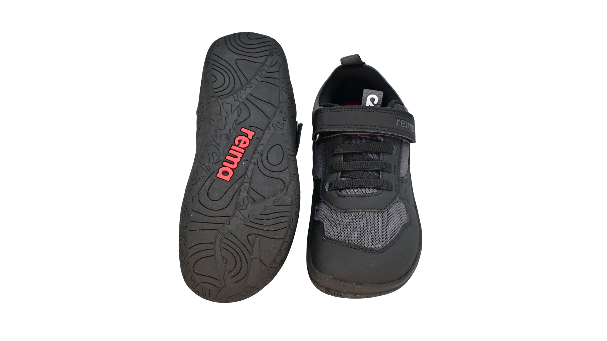 Barfußschuh für Kinder, geschlossene Zehenpartie, geschlossener Fersenbereich, Schnürung, Klettverschluss, Zuglasche, profilierte Sohle, Ansicht von unten und Draufsicht als Paar