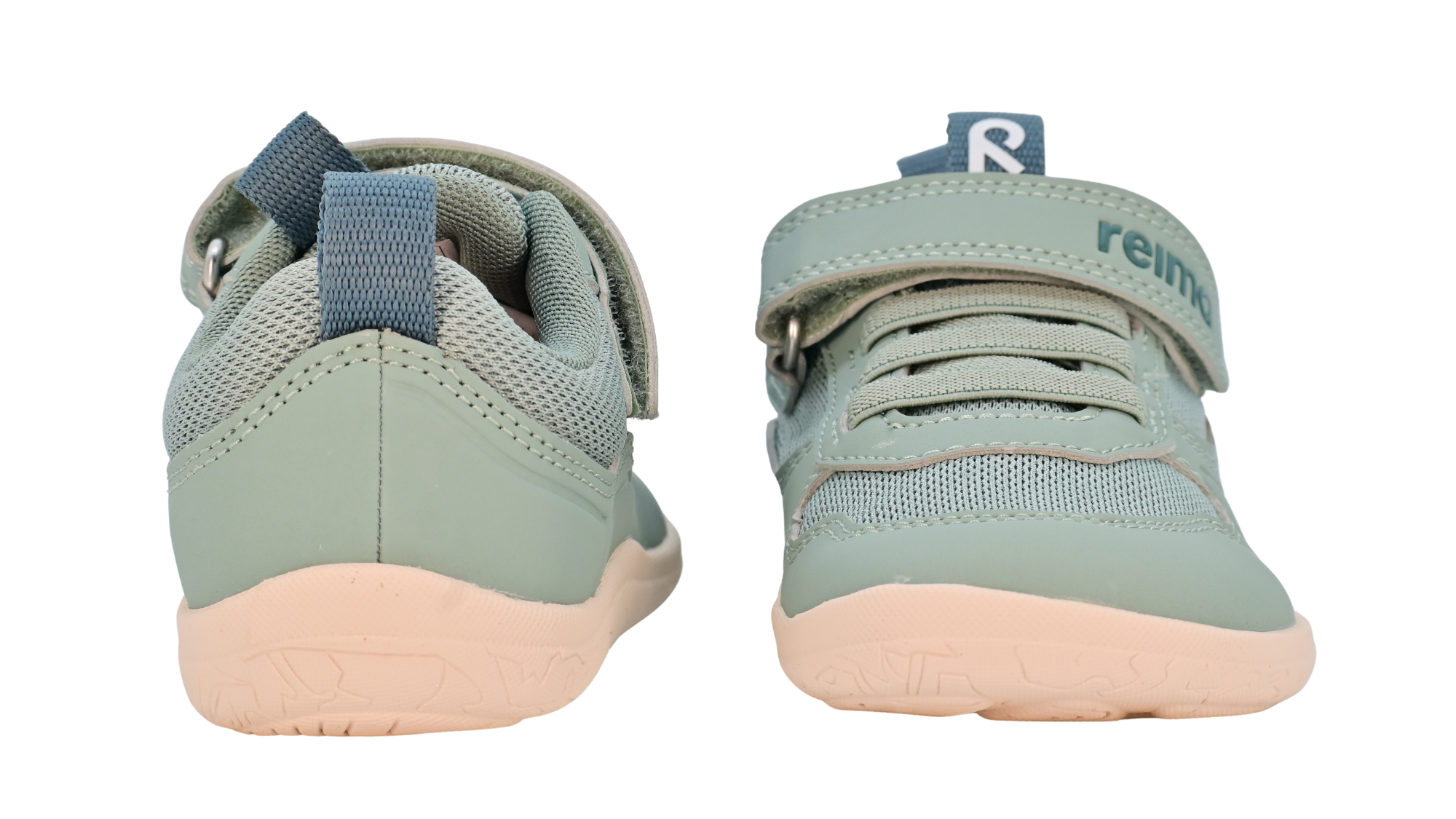 Barfußschuh für Kinder, geschlossene Zehenpartie, geschlossener Fersenbereich, Schnürung, Klettverschluss, Zuglasche, profilierte Sohle, Rück- und Vorderansicht als Paar