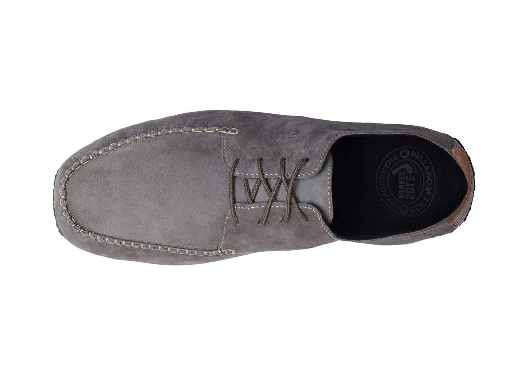 Barfußschuh, geschlossene Zehen und geschlossener Fersenbereich, Schnürsenkel, flexible Sohle, einzelner Schuh, Draufsicht