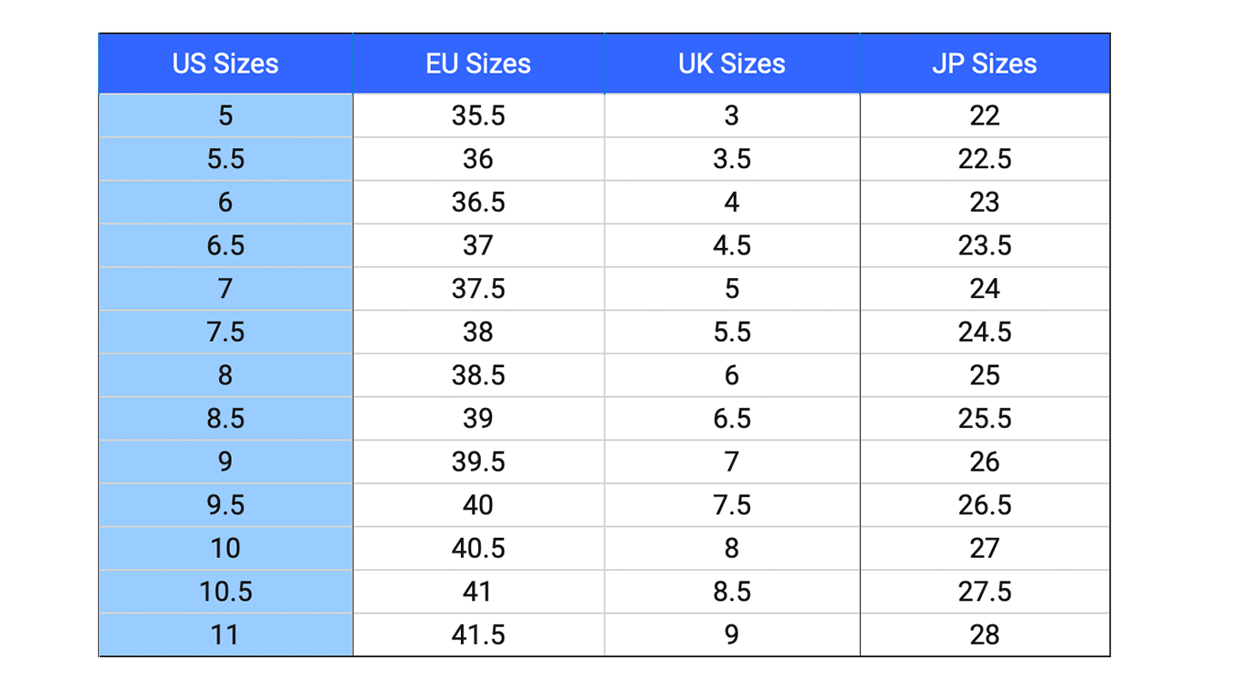 Größentabelle mit Spalten für US-Größen, EU-Größen, UK-Größen und JP-Größen, Draufsicht