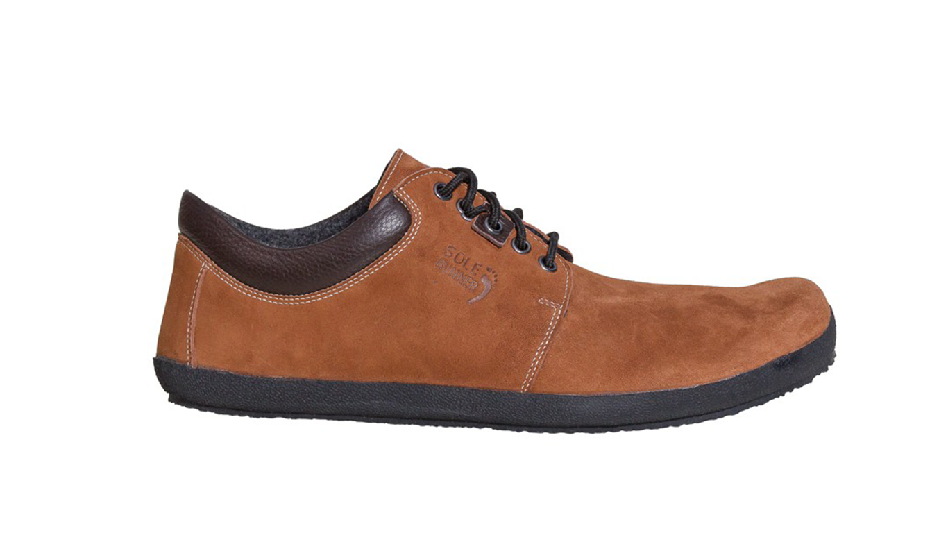Barfußschuh, geschlossene Zehen und geschlossener Fersenbereich, Schnürsenkel, flexible Sohle, einzelner Schuh, Seitenansicht innen