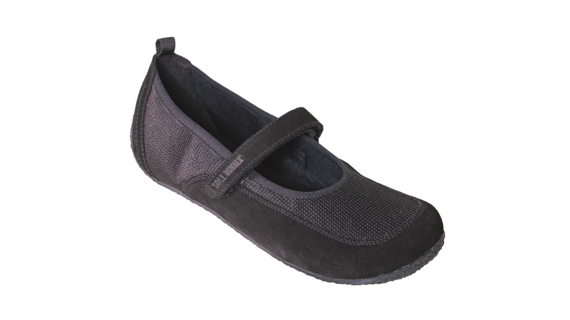 Ballerina-Barfußschuh mit Riemenverschluss, Mesh-Einsätzen und geschlossener Zehenpartie, schräge Vorderansicht