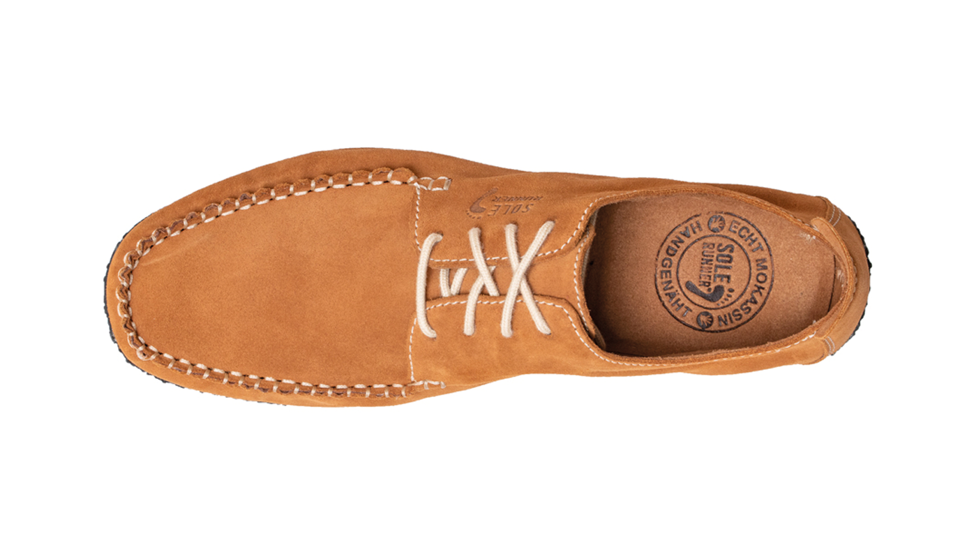 Barfußschuh, geschlossene Zehen und geschlossener Fersenbereich, Schnürsenkel, flexible Sohle, einzelner Schuh, Draufsicht