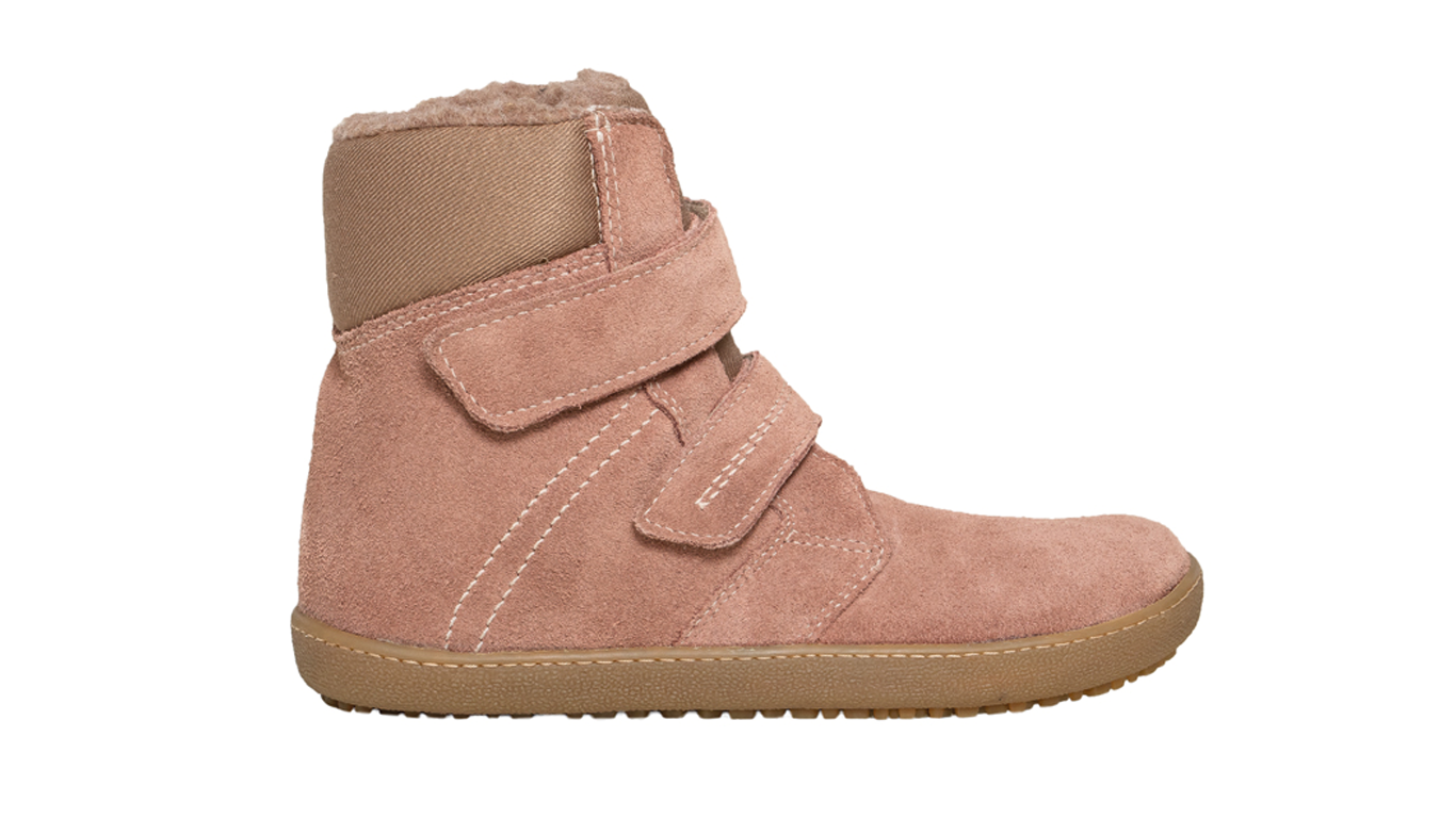 Barfußwinterstiefel für Kinder mit breiter Zehenbox, Klettverschluss und geschlossenem Fersenbereich, Seitenansicht außen
