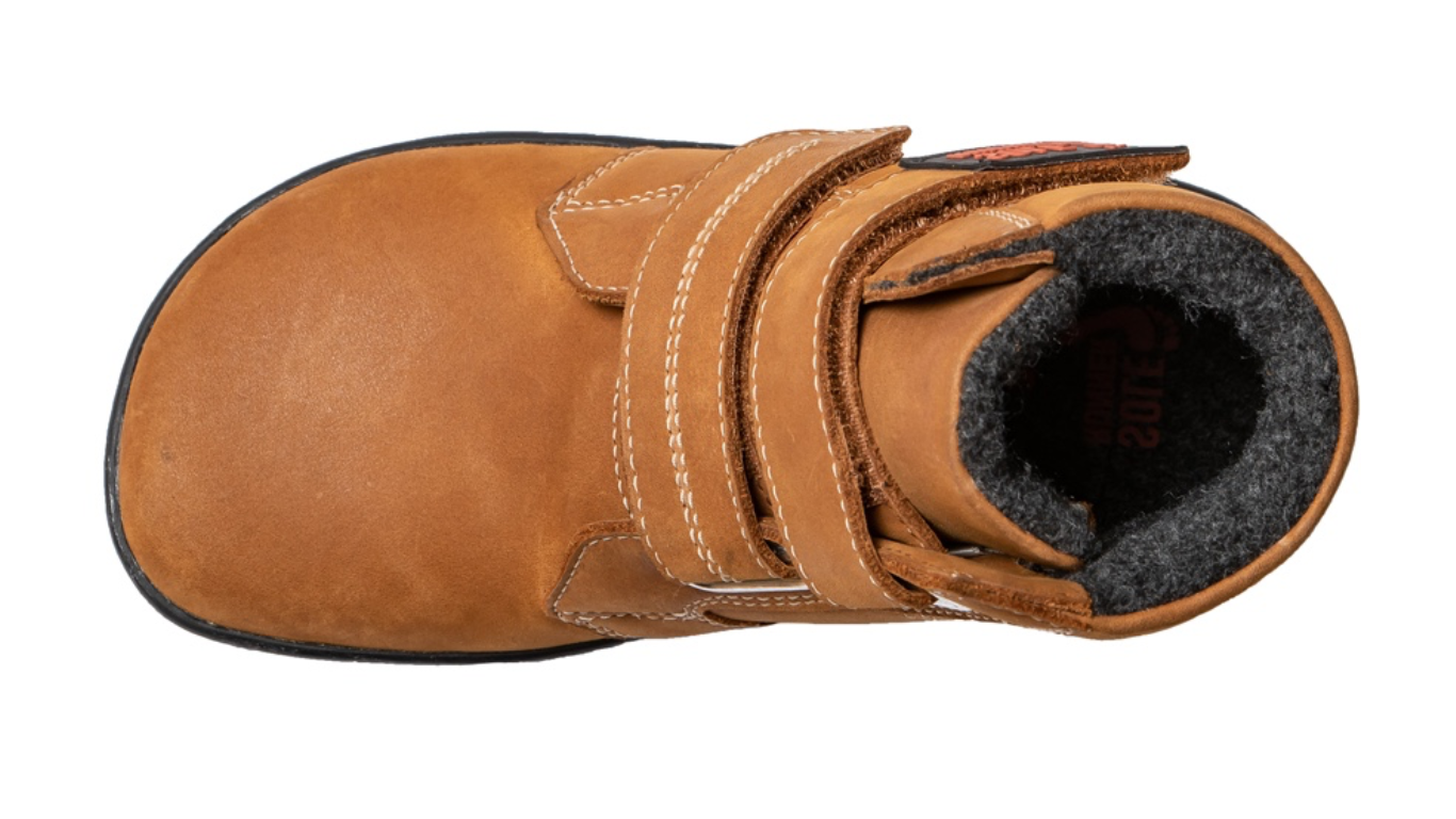 Barfußwinterstiefel für Kinder mit breiter Zehenbox, zwei Klettverschlüssen und geschlossenem Schaft, Draufsicht